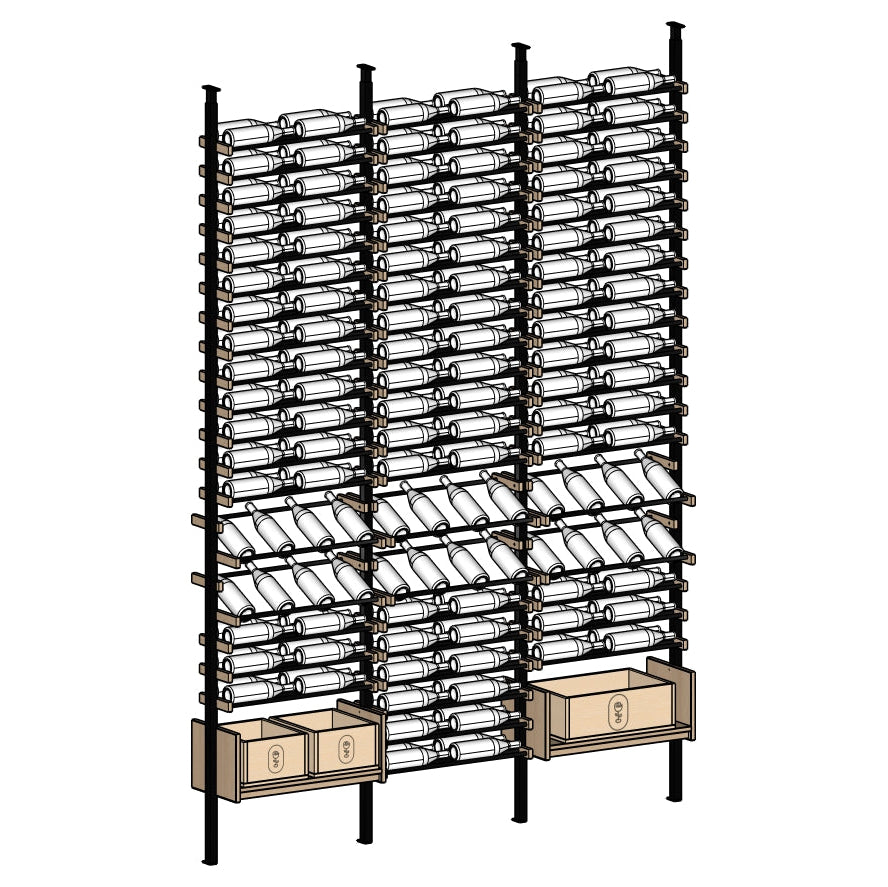 Velora Wine Rack with multiple shelves holding wine bottles.