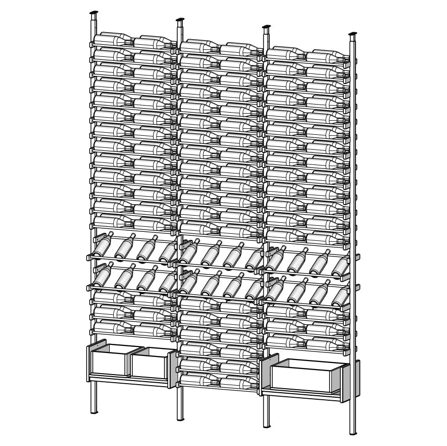 Technical diagram of Velora gray wine rack shelving unit with multiple shelves