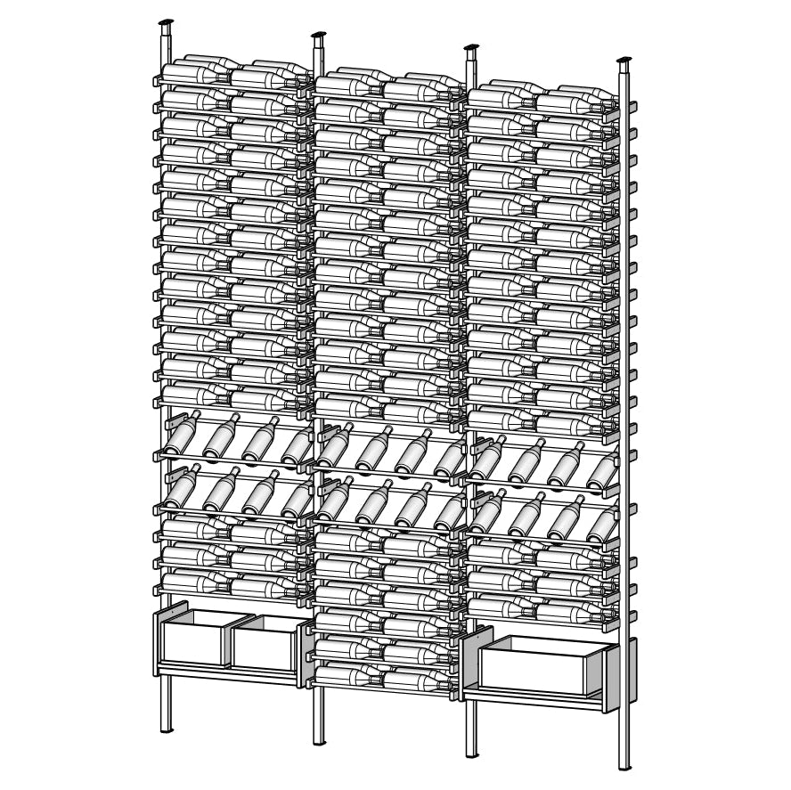 Diagram of Velora gray wine rack with multiple bottles stacked and boxes vertically.