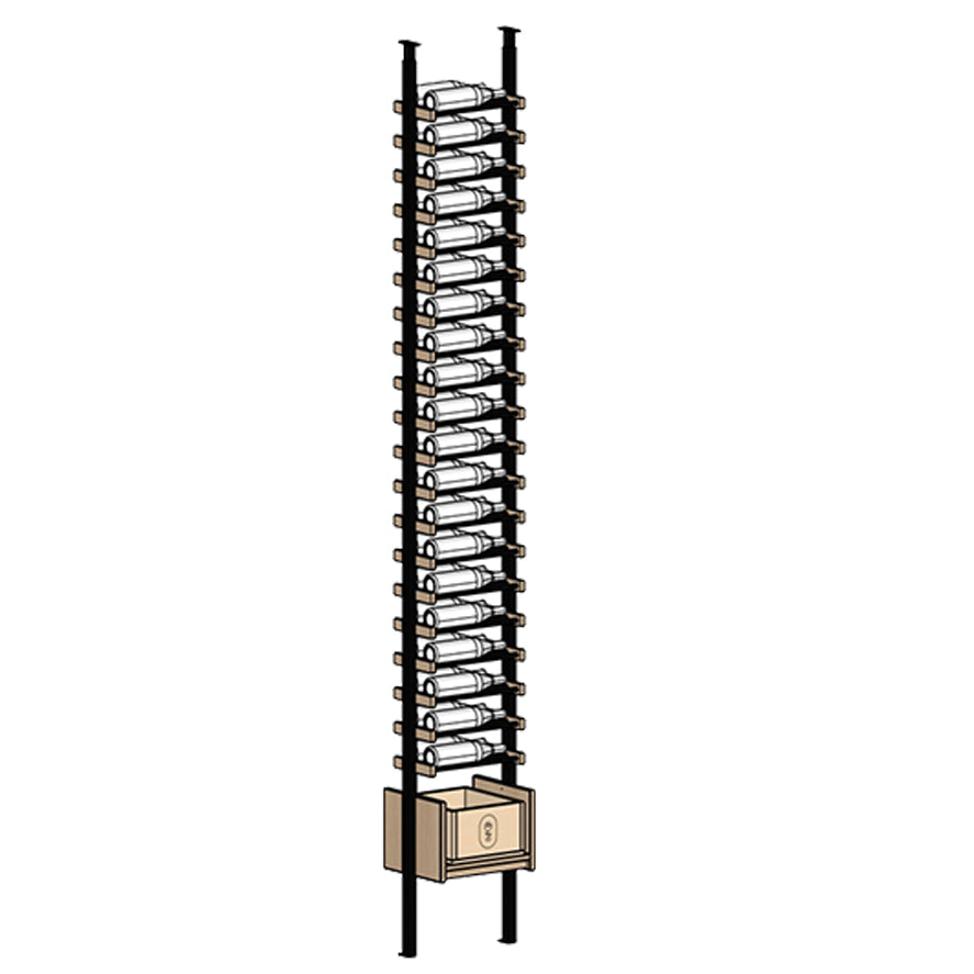 Tall wine rack with multiple bottles on a white background