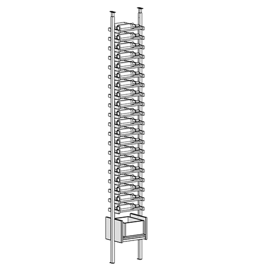 Line drawing of a vertical wine rack with multiple bottles.