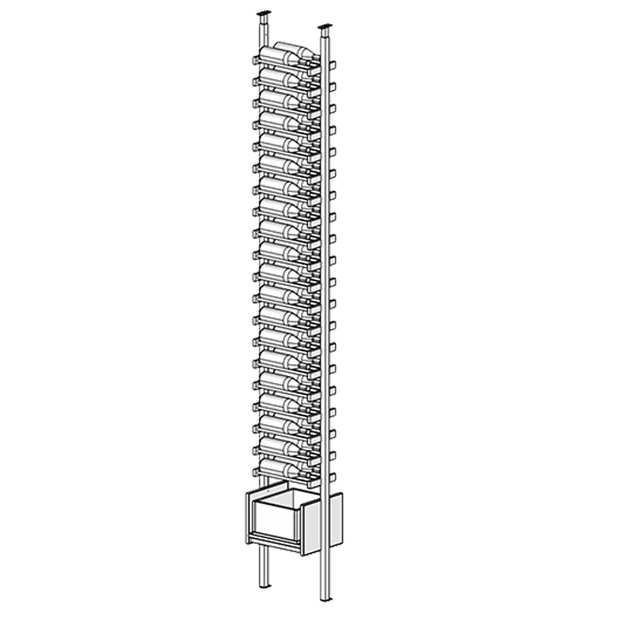 Tall vertical wine rack with multiple bottles on a white background