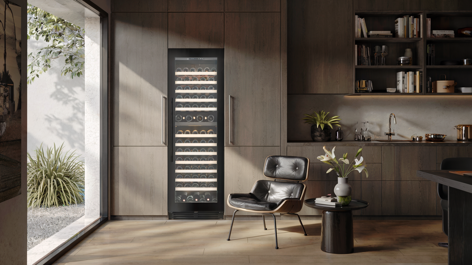 Modern kitchen with a wine cooler and a chair.
