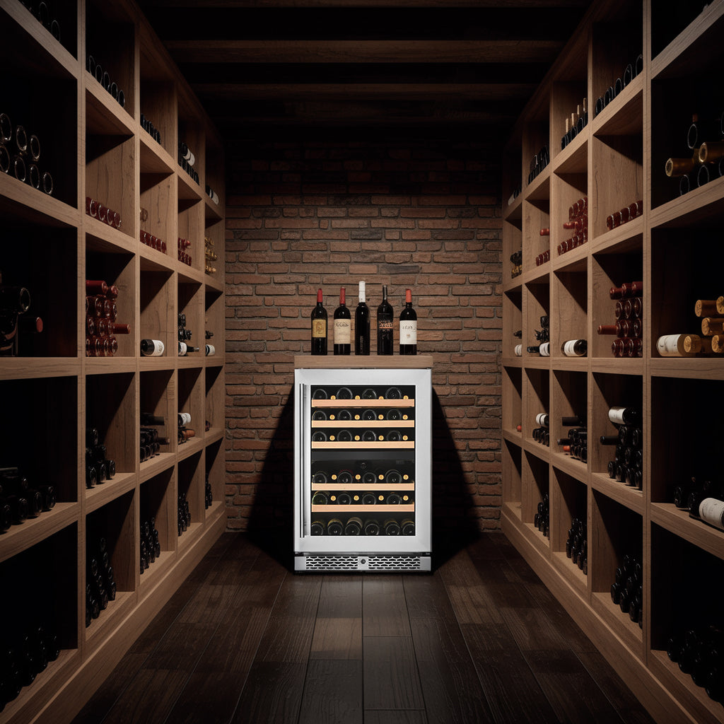 Cave à vin avec étagères en bois et cave à vin Vantaggio au centre.
