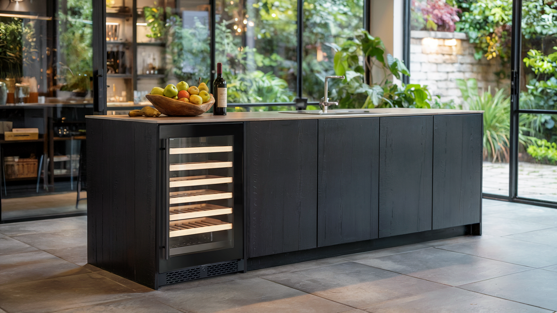 Îlot de cuisine moderne avec cave à vin Vantaggio intégrée dans un élégant cadre extérieur.