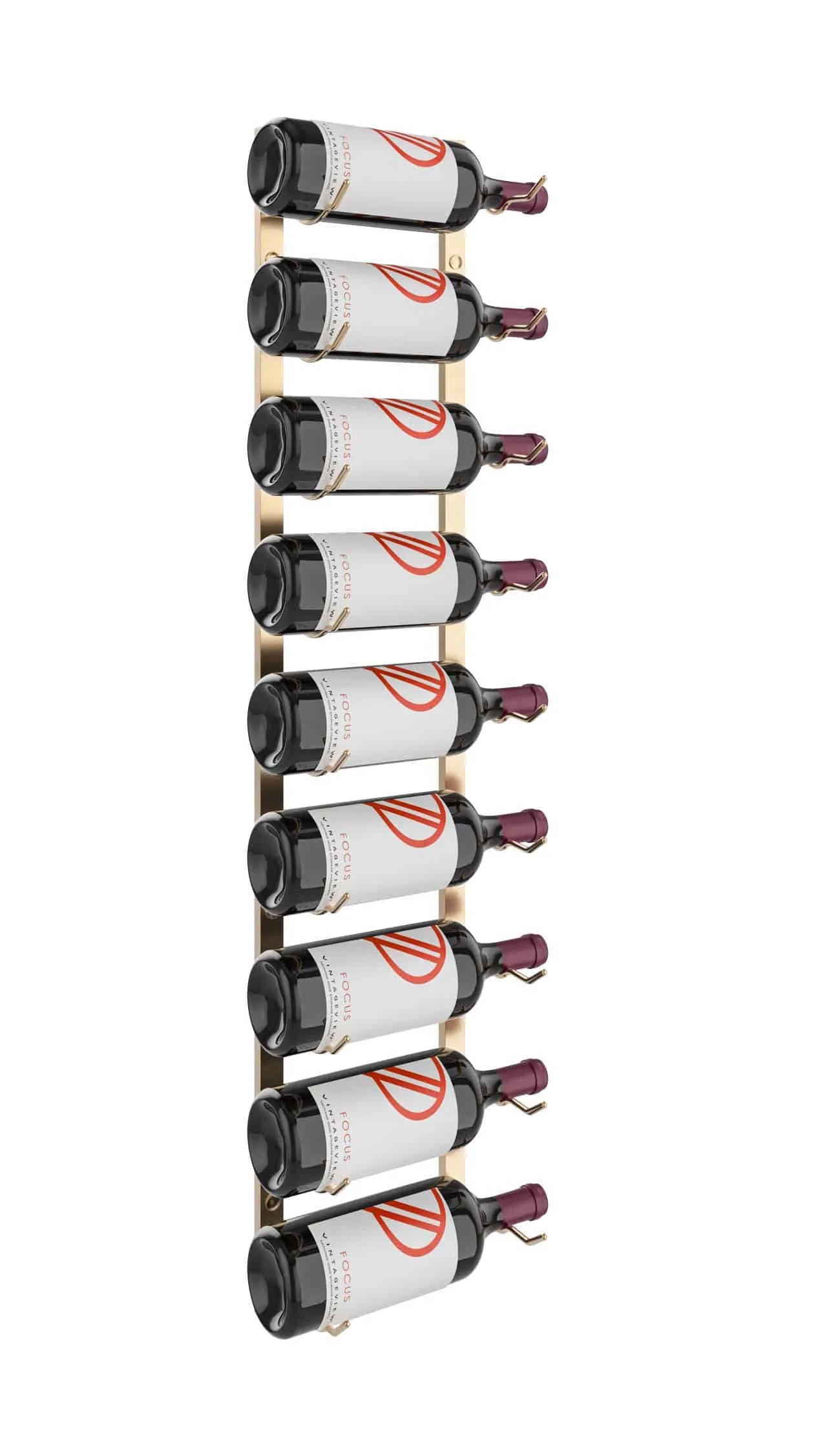 Wooden wine rack holding six wine bottles on a white background
