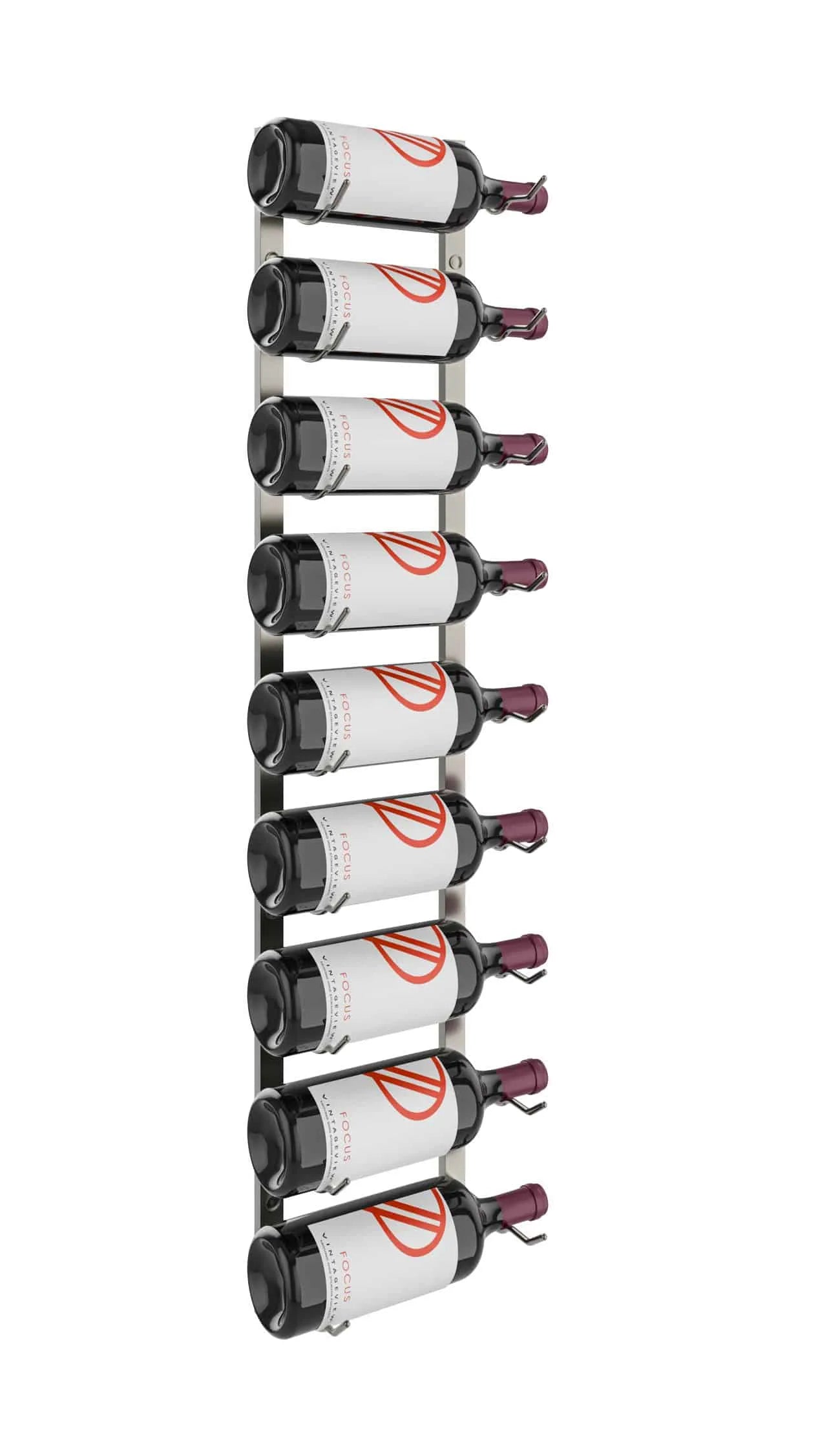 Wall-mounted wine rack holding multiple wine bottles on a white background