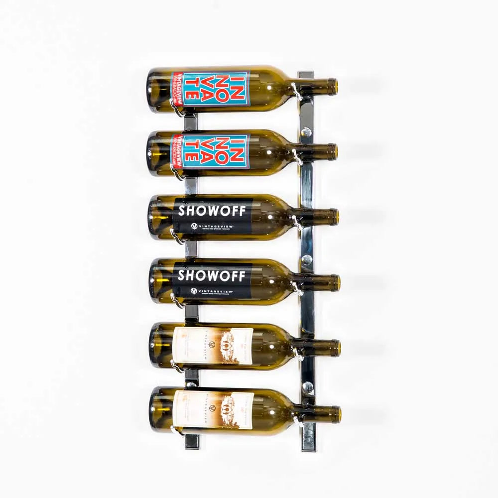 Wine rack holding six bottles of wine on a white background