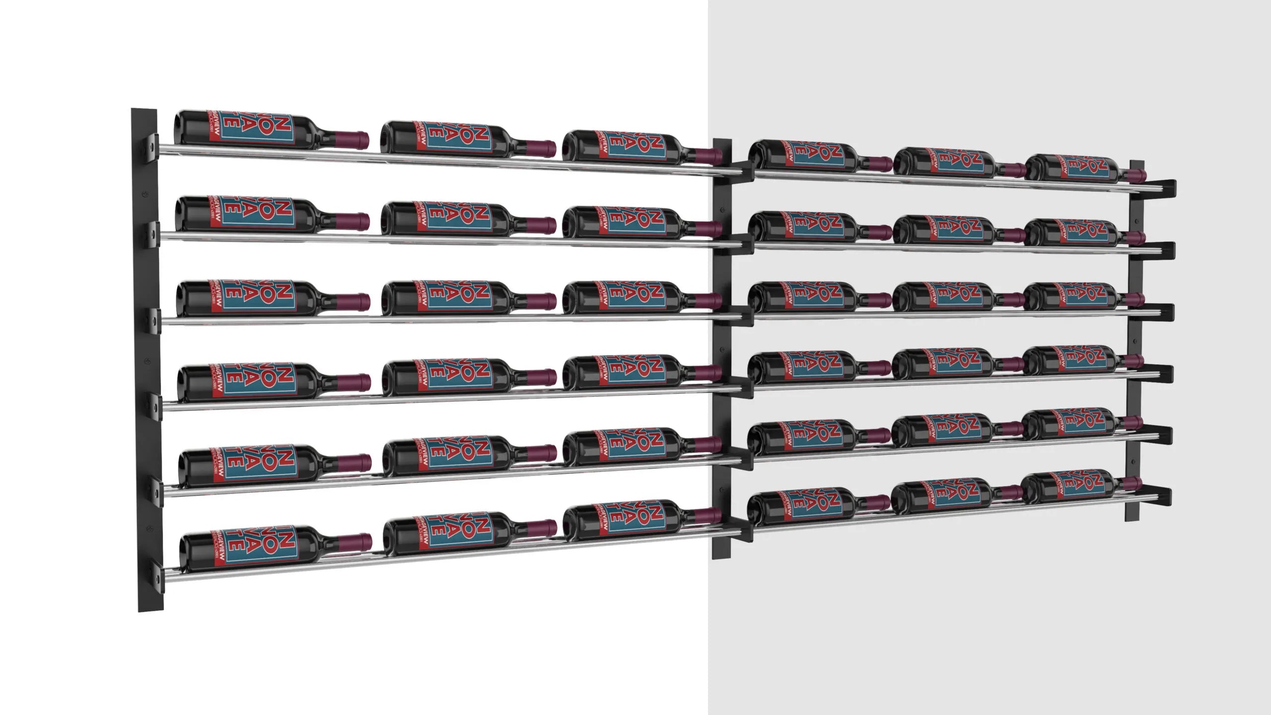 Wine rack holding multiple bottles of wine on a white background