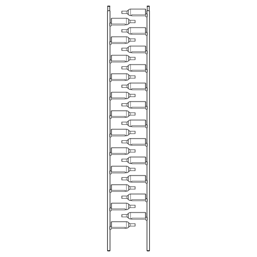 Line drawing of a vertical bottle rack with multiple bottles on a white background