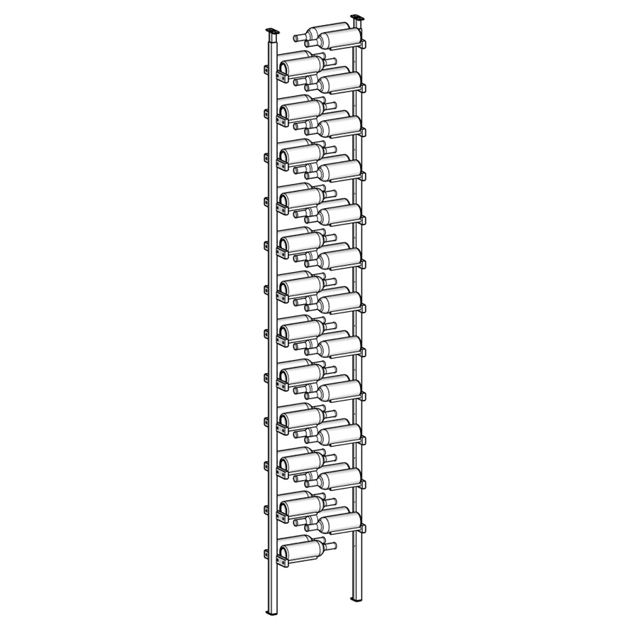 Metal wine rack holding multiple bottles on a white background