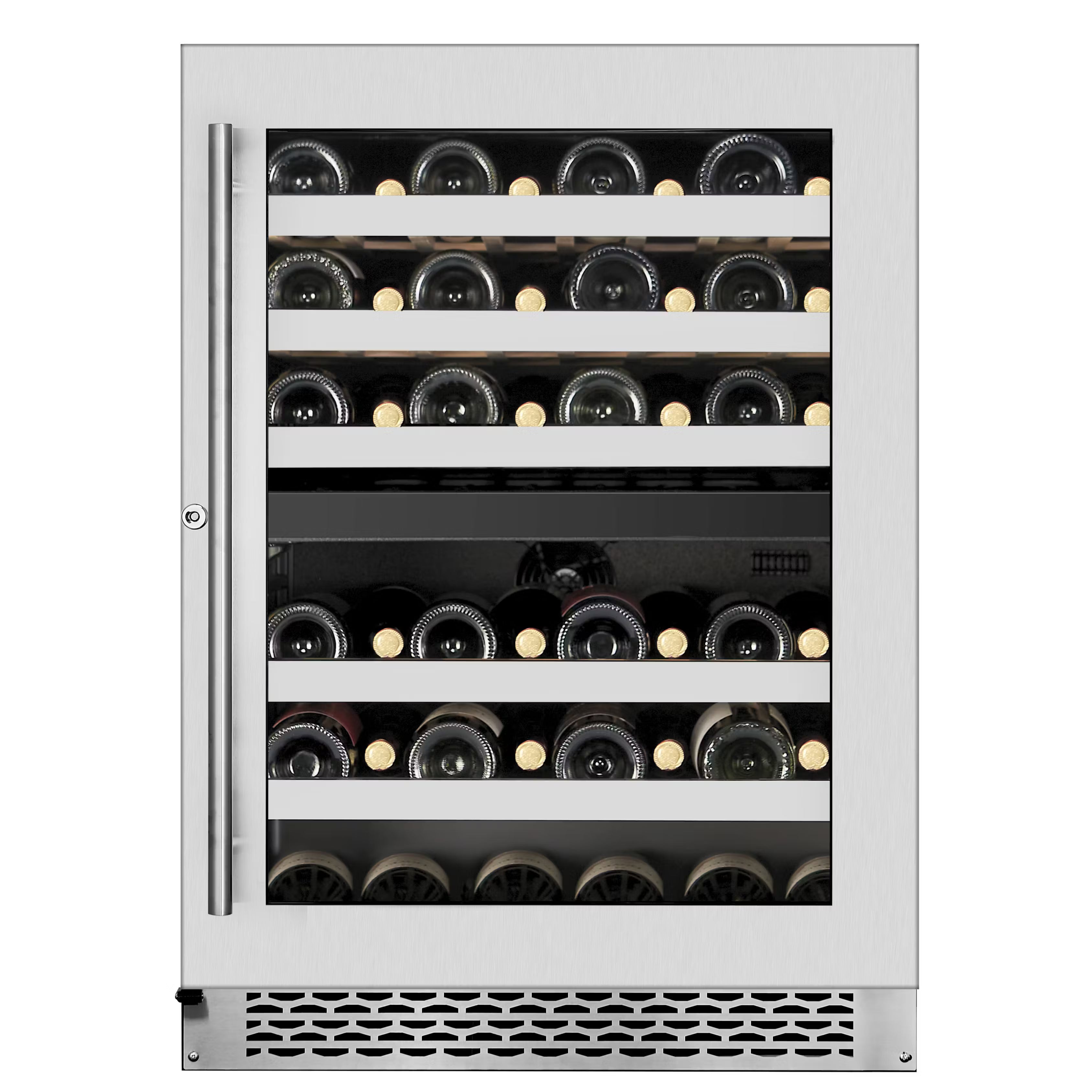 Wine cooler with multiple shelves filled with wine bottles on a white background