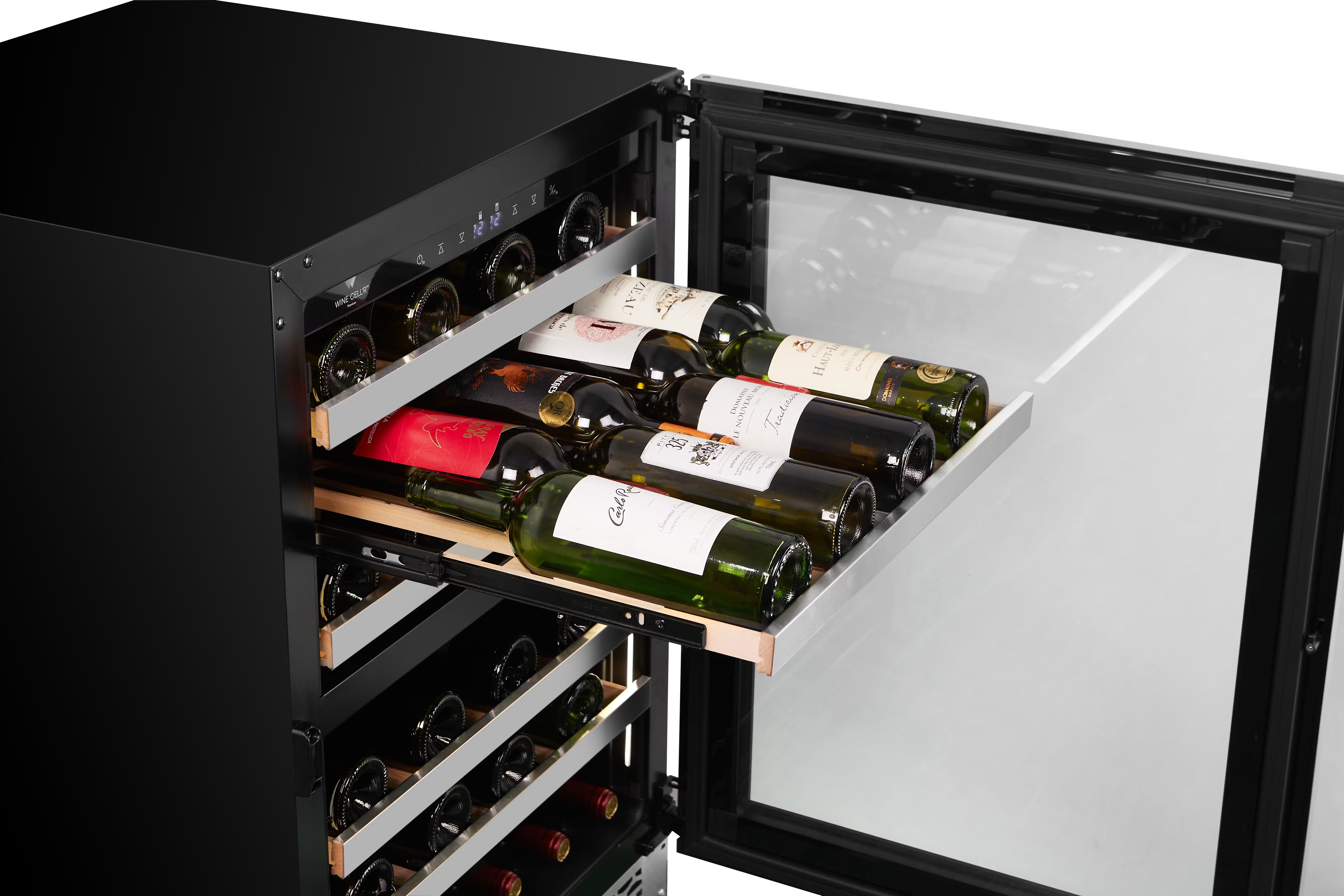 Wine cooler with open door displaying bottles of wine.