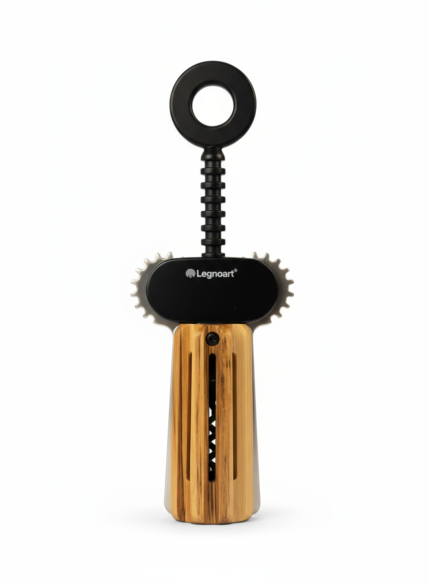 Legnoart Lugana Winged Corkscrew with Black Metal Body and Carved Oak