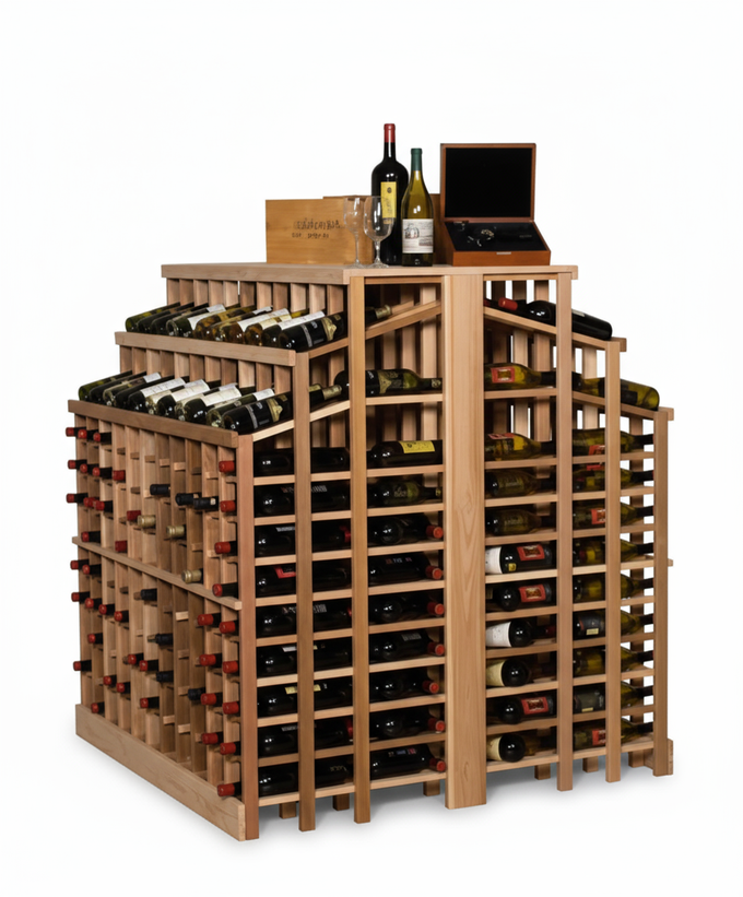 Présentoir à vin Premier Cru pour commerce, îlot autoportant de 25 avec 2 niveaux et comptoir - casiers à vin en bois haut de gamme Premier Cru