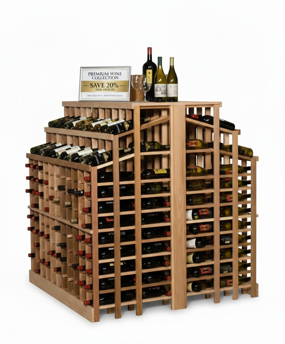 Retail 25 Freestanding Island with 2 Tiers and Counter  - Premium Wooden Wine Racks