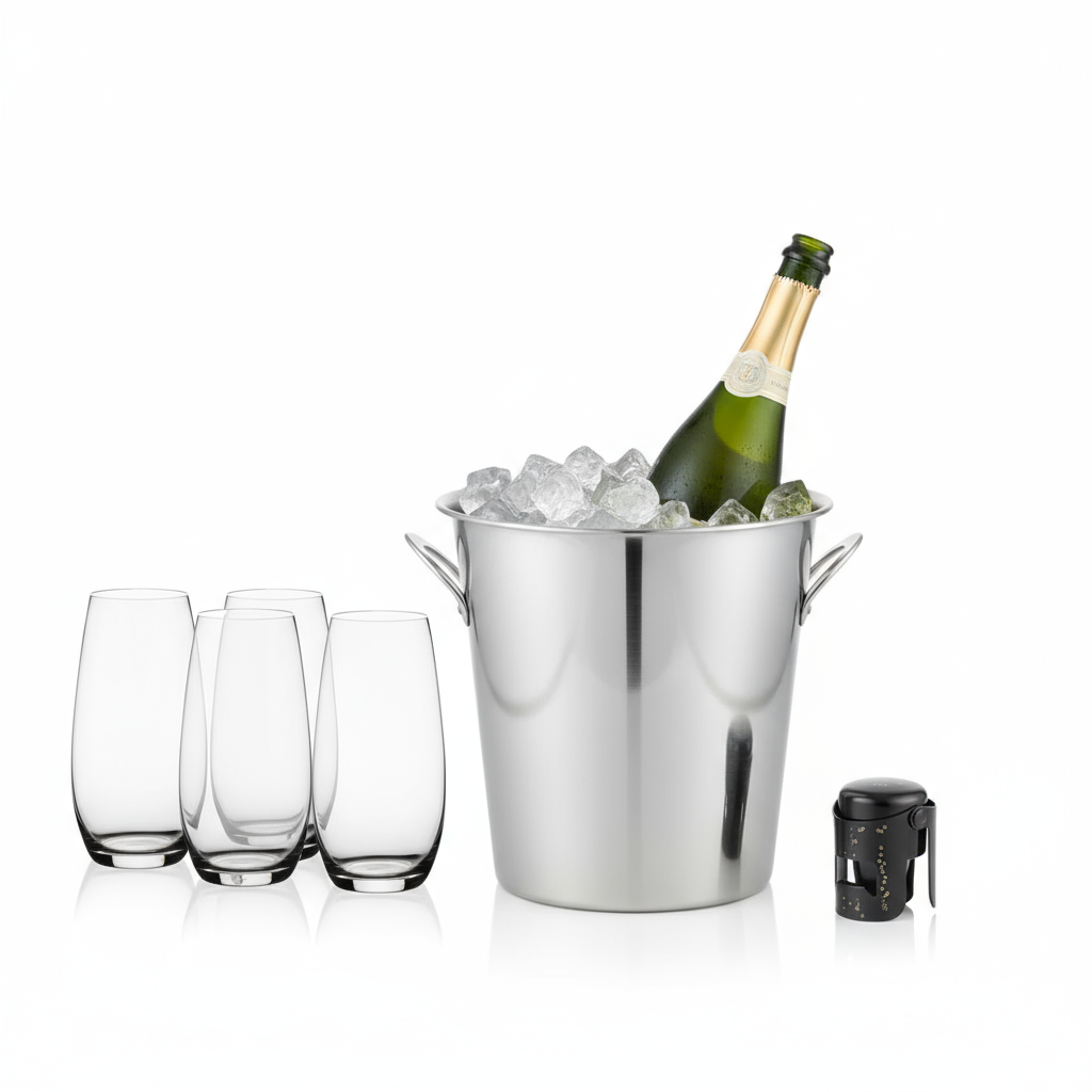  RIEDEL-O Champagne Tumblers+Stainless Steel Champagne Bucket+L’Atelier du Vin-Metal Gard’Bulles Stopper Image1