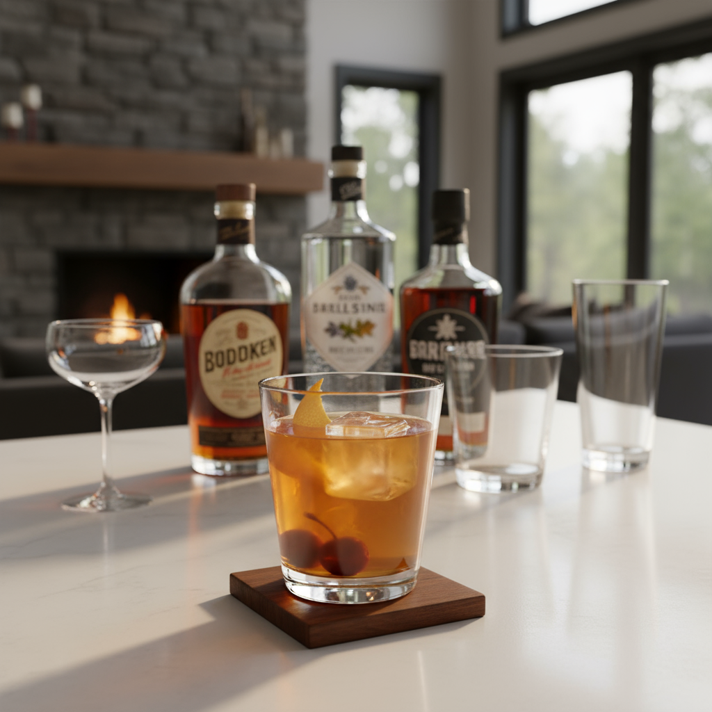 Alcohol bottles and a cocktail on a table with a cozy indoor background