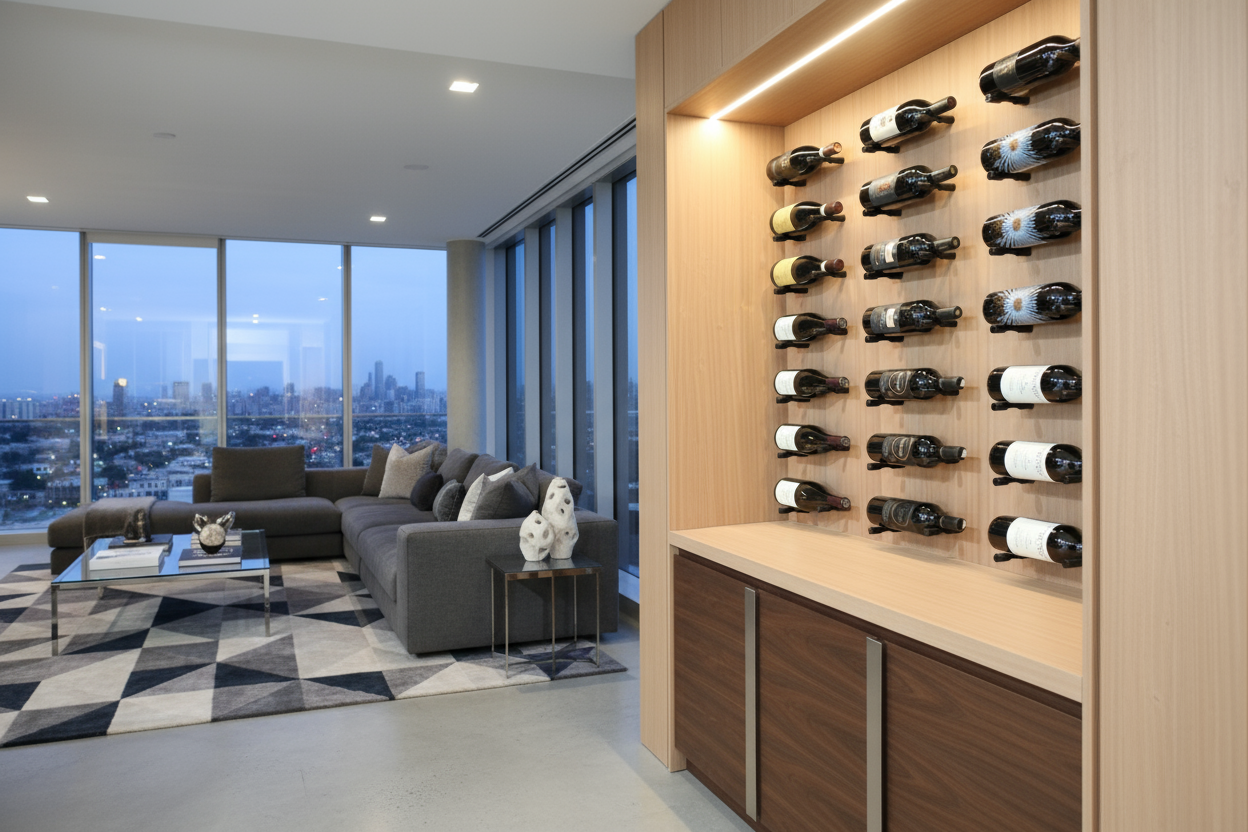 Salon moderne avec casier à vin contre un mur