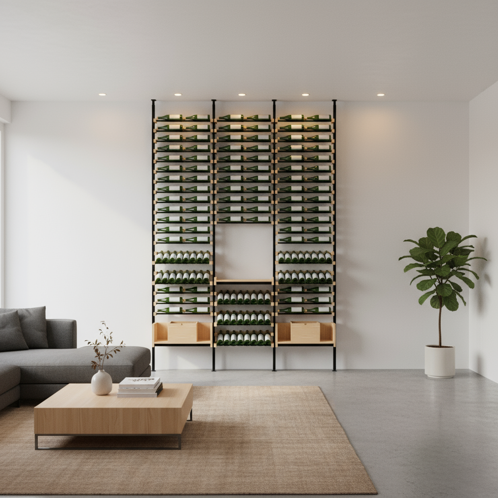 Modern living room with a wine rack on the wall, gray sofa, wooden coffee table, and plant.