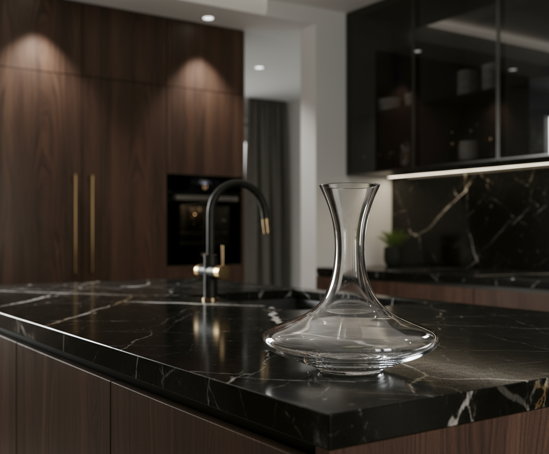 Clear glass decanter on a black marble countertop in a modern kitchen.